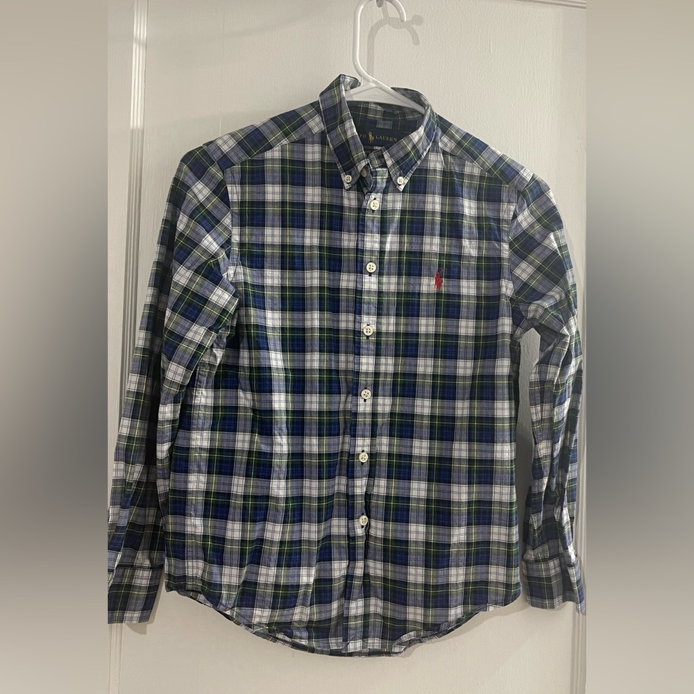 Ralph Lauren button down blue and green plaid shirt with stretch Boys Medium